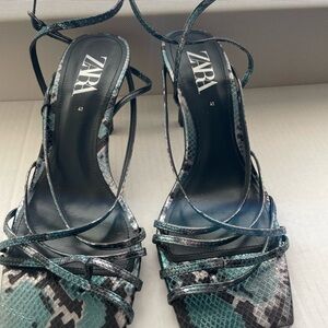 ZARA Teal Snake-Print Strappy Heels